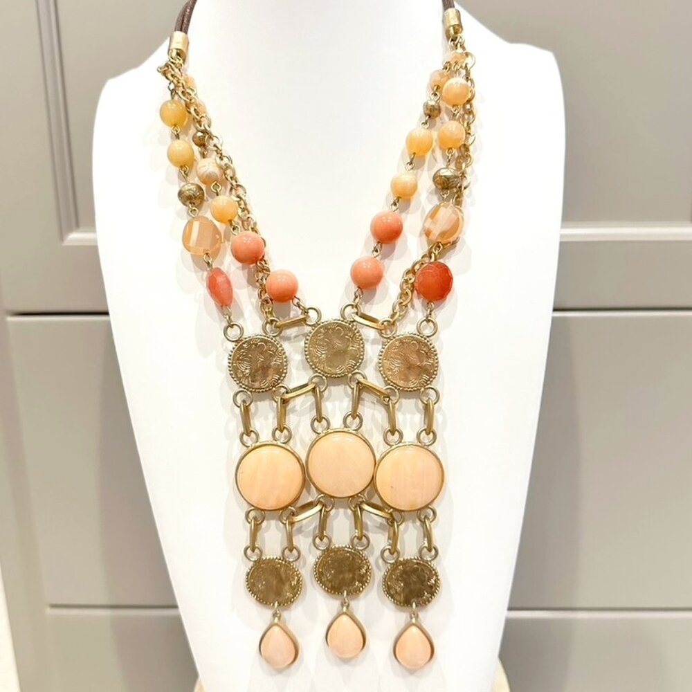 Peach orange Gold tone Large Jewel Statement Multi Strand Necklace